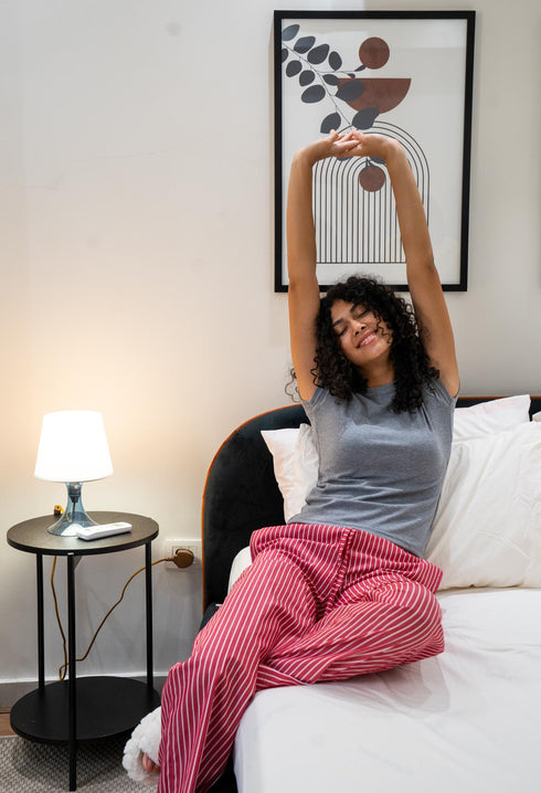 Women summer pajama set Dark Grey T-shirt + Red X White Spaced Stripes Pants